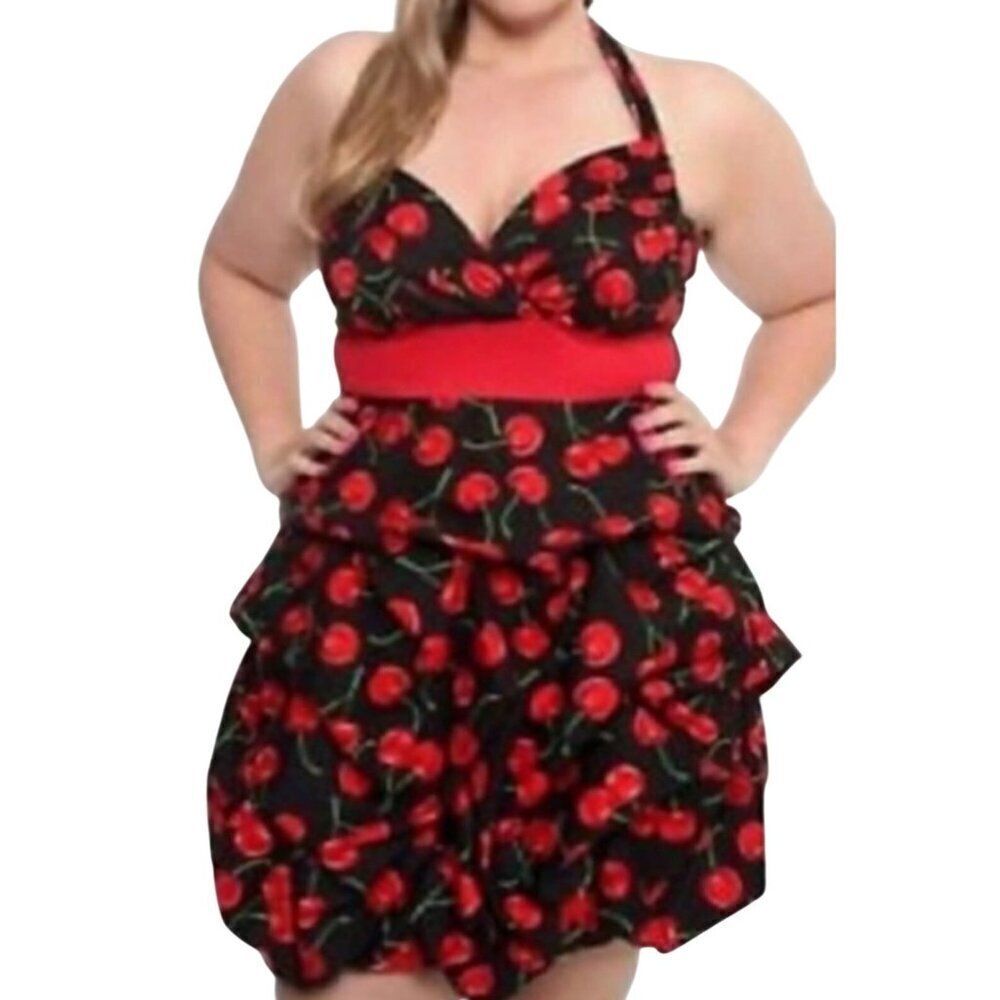 Torrid Retro Skater Dress 12 Black Halter Cherry Pinup Tiered 70s Romantic Artsy